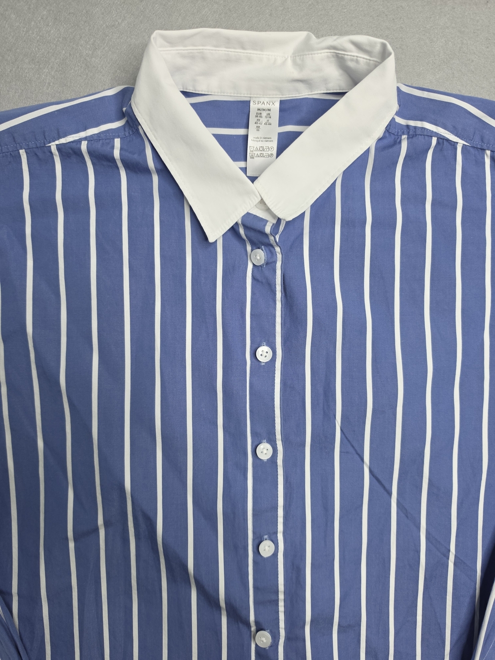 SPANX Women's Blue & White Stripe Button-Up Shirt with White Collar Size Medium